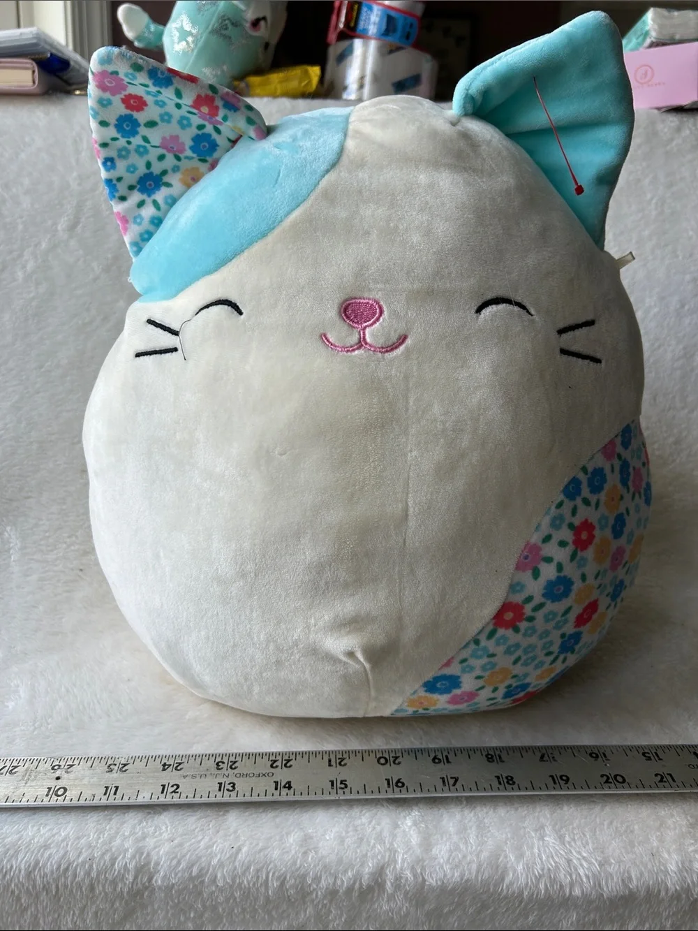 Kelsa Plush Cat Squishmallow Pillow - Cream & Light Blue Floral Accent - Brand